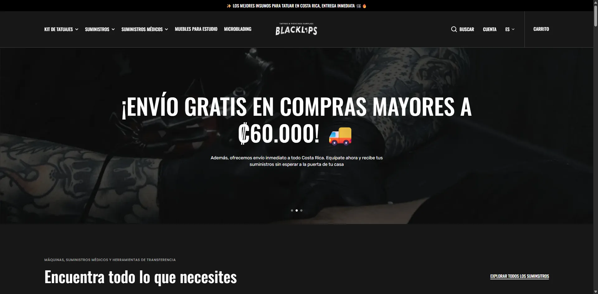 Tienda en línea de Black Lips Tattoo con la promoción del kit de tatuajes completo.